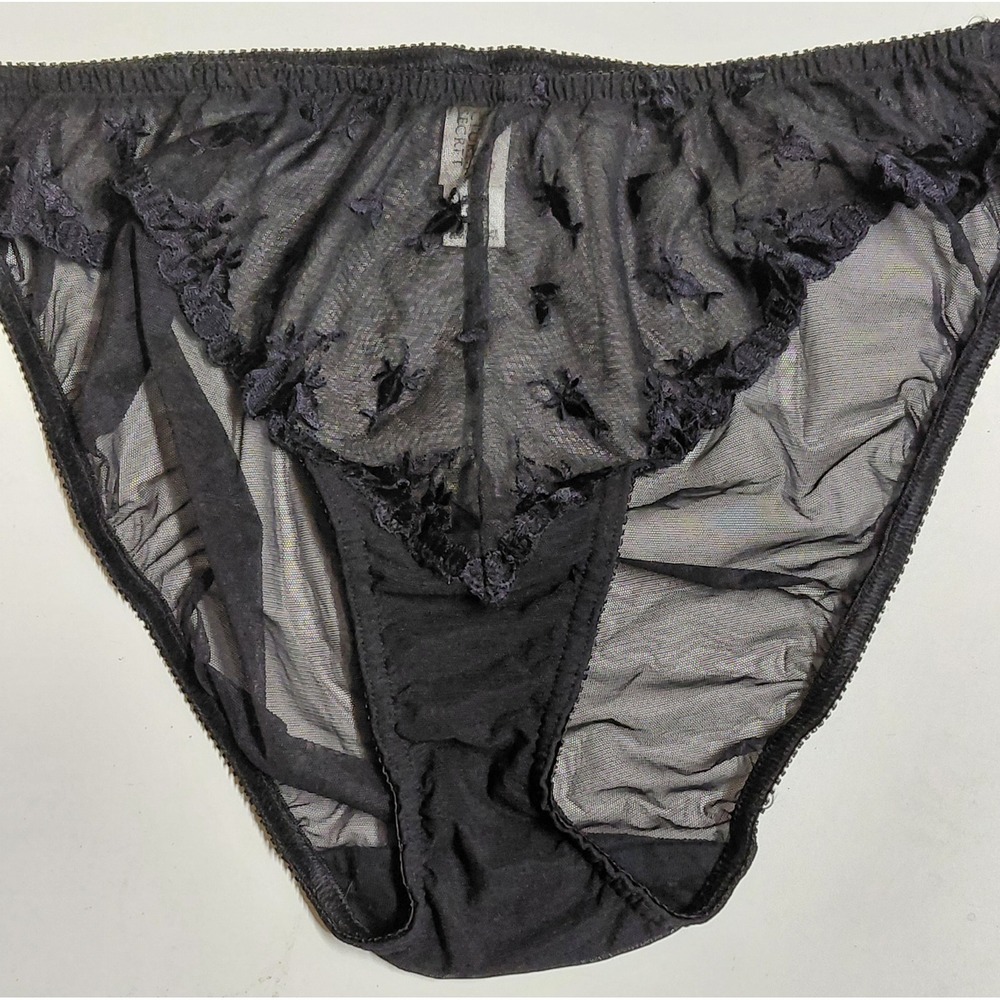 Vintage Victoria's Secret Black Mesh Embroidered Bikini Panties L Large NWOT